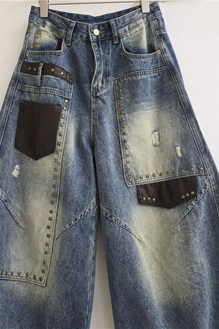 Studded Patch Pocket Barrel Jeans