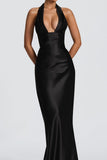Satin Halter Plunging Mermaid Maxi Dress
