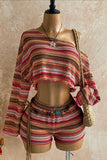 Off-Shoulder Striped Long Sleeve Short Set