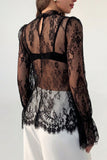 Lace Sheer Bell Sleeve Mock Neck Blouse