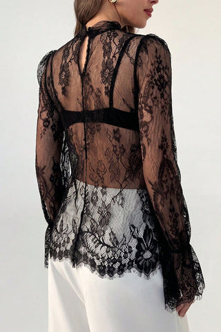 Lace Sheer Bell Sleeve Mock Neck Blouse
