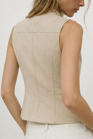 Military Button Zip Front Sleeveless Tank