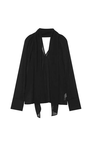 Sheer Tie-Neck V-Neck Long Sleeve Blouse