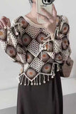 Geometric Crochet Tassel Long Sleeve Top