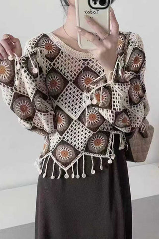 Geometric Crochet Tassel Long Sleeve Top