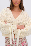Bow Detail V-Neck Puff Sleeve Cardigan