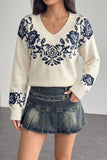 Floral Intarsia V-Neck Knit Sweater