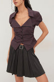 Plaid Puff Sleeve V-Neck Shirt