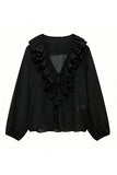 Ruffle V-Neck Long Sleeve Blouse