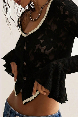 Lace Ruffle Sleeve Button-Front Blouse