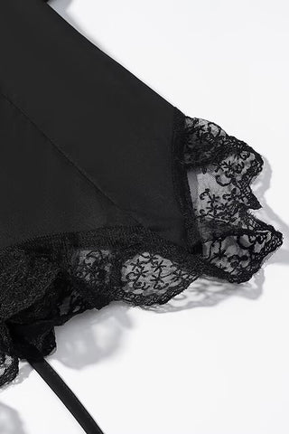 Round Neck Puff Sleeve Lace Trim Drawstring Blouse