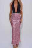 Sequin High-Waist Slit Midi Skirt