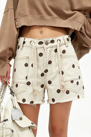 Drawstring Polka Dot Denim Shorts