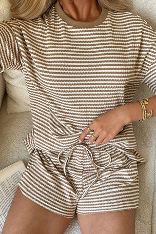 Textured Striped Drawstring  Lounge Set