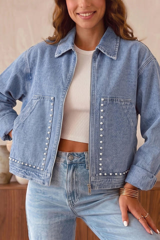 Pearl-Pocket Zip-Front Denim Jacket