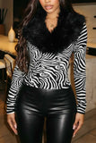 Faux Fur Collar Zebra Print Long Sleeve Top