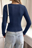 Ribbed Lace Trim Button-Front Long Sleeve Top