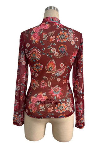 Floral Mock Neck Sheer Long Sleeve Top