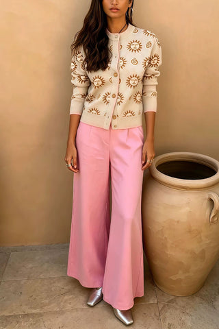 Sun Print Knit Cardigan and Wide-Leg Pants Set