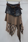 Plaid Asymmetrical Denim Waist Midi Skirt