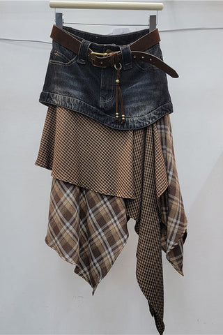 Plaid Asymmetrical Denim Waist Midi Skirt