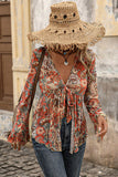Floral V-Neck Tie Front Bell Sleeve Blouse