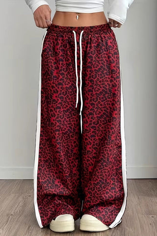 Leopard Print Side Stripe Drawstring Casual Pants
