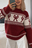 Bow Motif Fair Isle Crew Neck Sweater