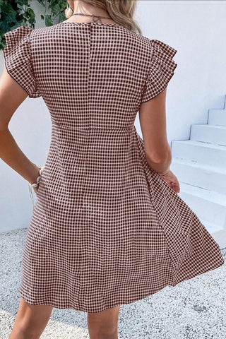Gingham Flutter-Sleeve Casual Dress