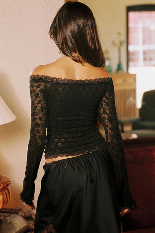 Off-Shoulder Lace Ruched Long Sleeve Top
