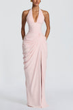 Ruched Halter V-Neck Maxi Evening Dress