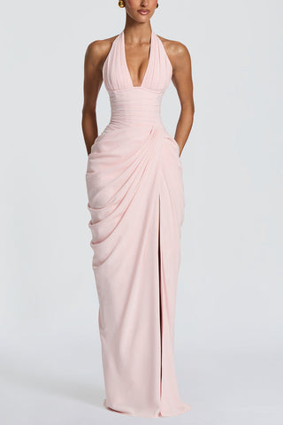 Ruched Halter V-Neck Maxi Evening Dress