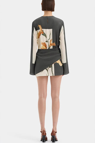 Floral Panel Long Sleeve Wrap Mini Dress
