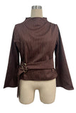 Striped Mock Neck Belted Blouse