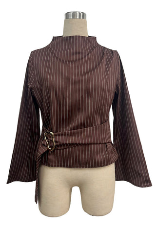 Striped Mock Neck Belted Blouse