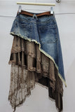 Asymmetric Denim Lace Overlay Midi Skirt