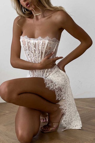 Sheer Lace Strapless Corset Mini Dress