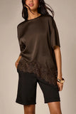 Satin Crew Neck Lace Trim T-Shirt