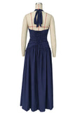 Ruched Halter V-Neck Maxi Casual Dress