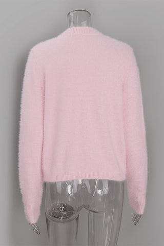 Mock Neck Button-Front Fuzzy Knit Cardigan