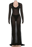 Sheer Striped Long-Sleeve Maxi Dress
