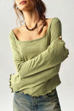 Square Neck Long Sleeve Ruffle Hem Top
