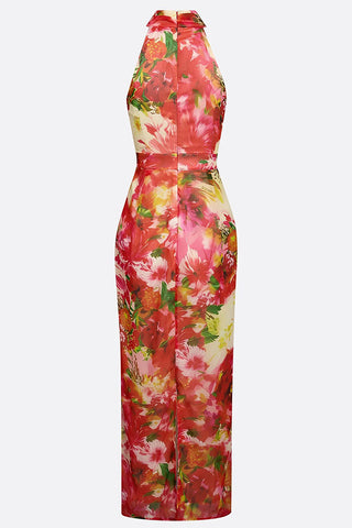 Floral Halter Ruched Maxi Dress
