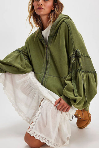 Tie-Sleeve Puff Zip-Up Hoodie