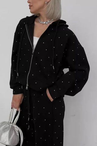 Rhinestone Zip-Up Hooded Sweatshirt