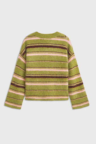 Striped Button-Front Fuzzy Knit Cardigan