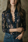 Sheer Floral Lace Trim Button-Front Blouse