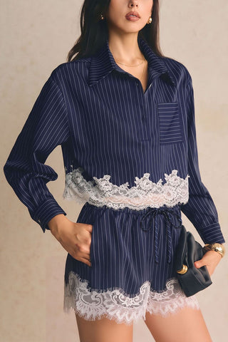 Striped Lace Trim Crop Top and Shorts Set