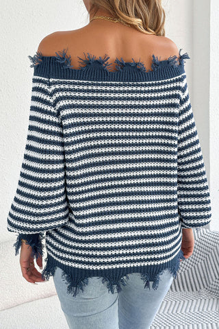Striped Off-Shoulder Frayed Knit Sweater