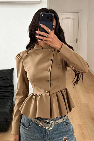 Mock Neck Puff Sleeve Peplum Blazer